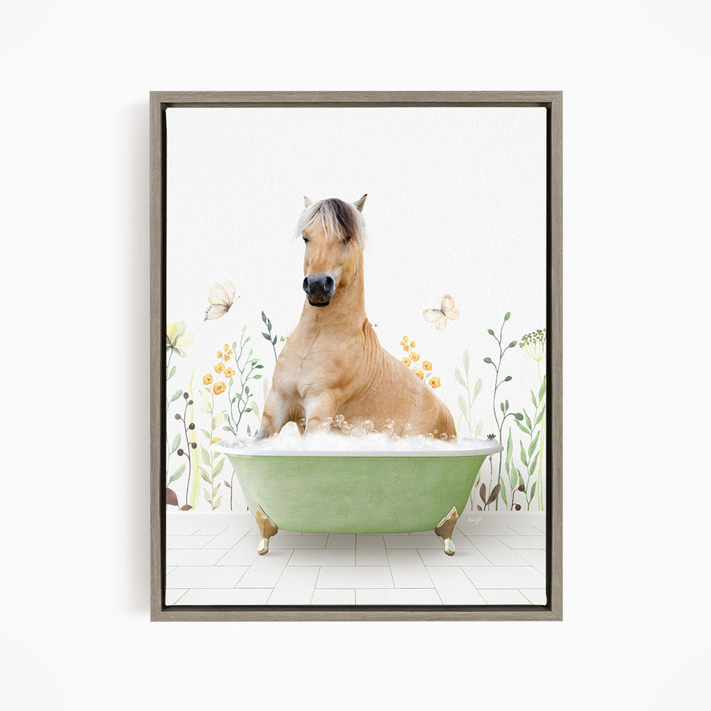 A light brown horse is sitting in a green bathtub filled with bubbles, surrounded by flowers and butterflies.
