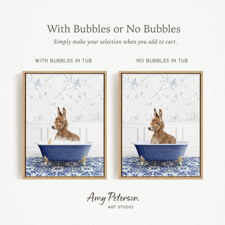 The image is a collage of two framed pictures depicting a dog sitting in a bathtub. The dog is sitting in a blue tub with bubbles, while the other tub is empty. The collage is titled "With Bubbles or No Bubbles" and is created by Amy Peterson from Art Studio.