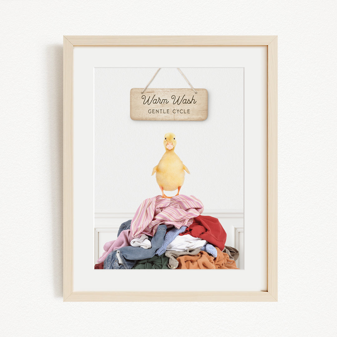 A framed image of a yellow duck standing on a pile of clothes, with a wooden sign above that reads "Warm Wash Gentle Cycle".