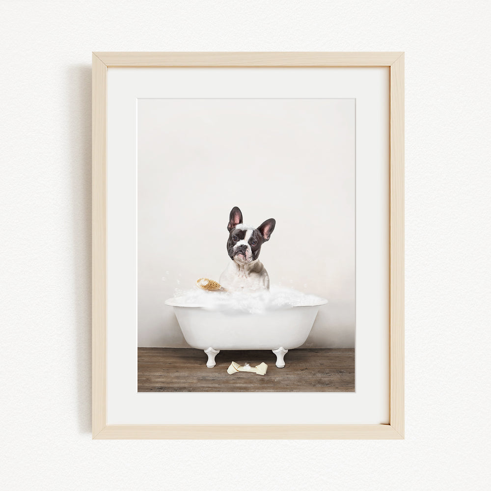 A dog is sitting in a white bathtub filled with bubbles, looking directly at the camera with a playful expression.