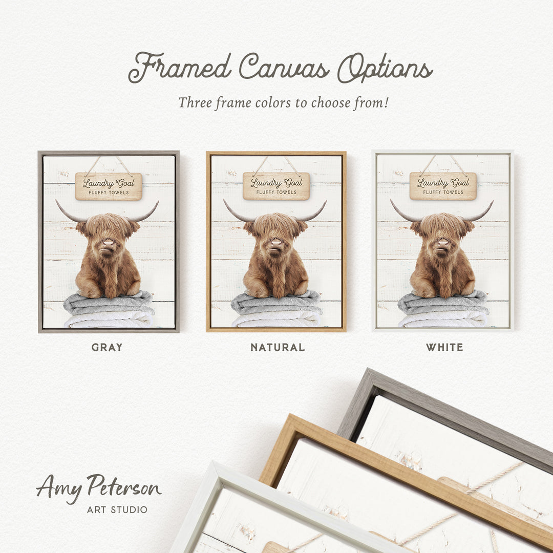 three framed canvas options featuring a brown Highland cow with long horns, each in a different frame color: gray, natural, and white.