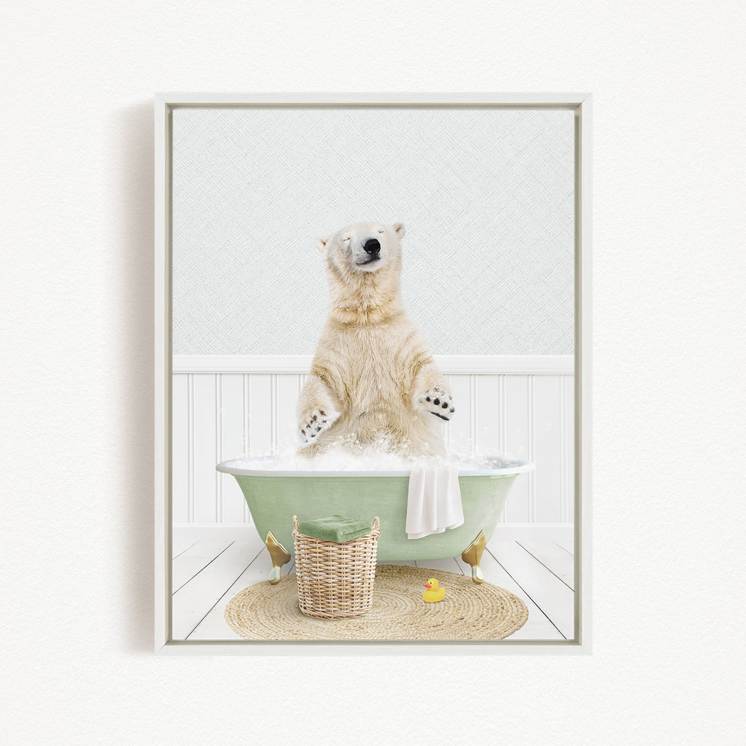 A polar bear standing in a green bathtub filled with bubbles, surrounded by a basket of toys and a yellow rubber duck.
