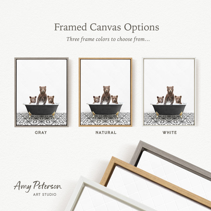 three framed canvas options, each featuring a bear in a bathtub. The options include a gray frame, a natural frame, and a white frame. The bears are of varying sizes, and the bathtub appears to be black and white. The text above the image reads " Framed Canvas Options" and "Three frame colors to choose from...".