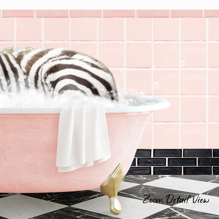 A zebra lying in a pink bathtub filled with bubbles, with a towel hanging on the side and a pink tile wall in the background.