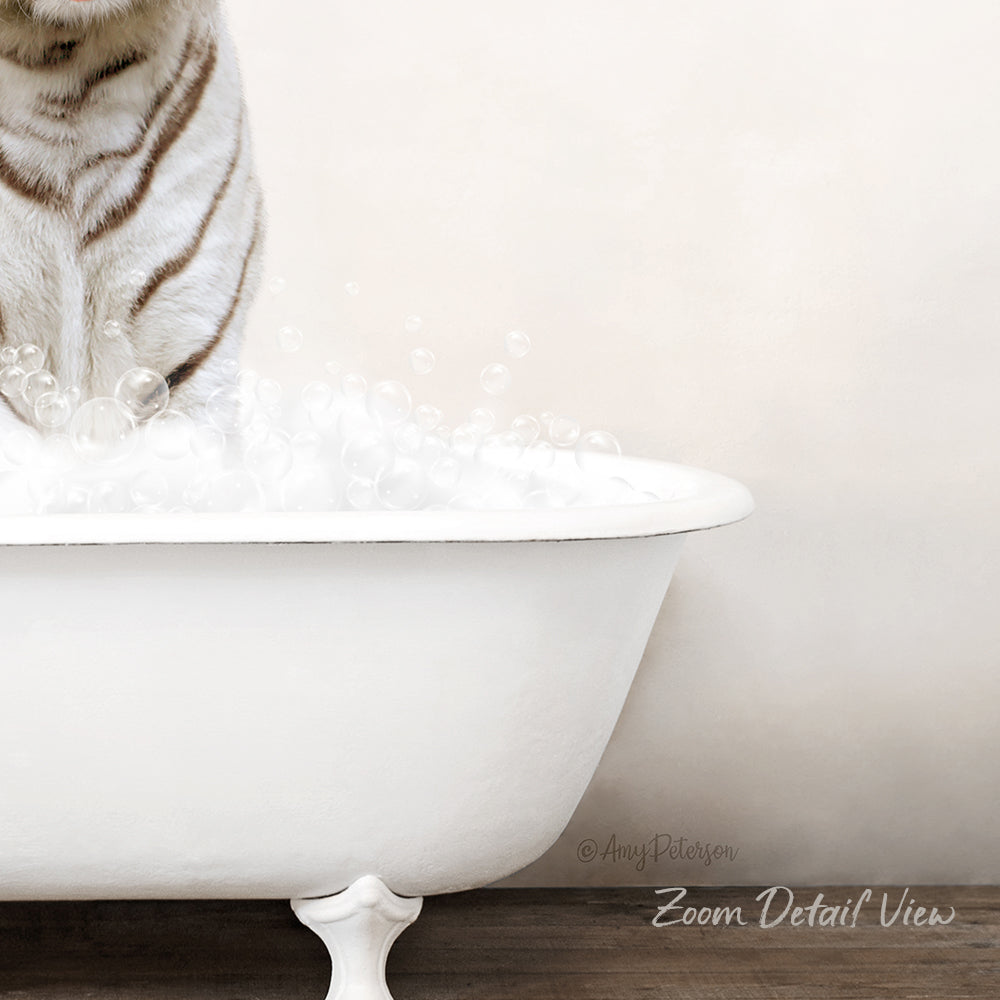 A white cat standing in a white bathtub filled with bubbles, creating a playful and whimsical scene.
