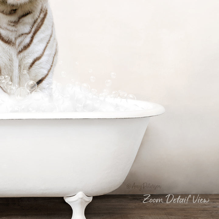 A white cat standing in a white bathtub filled with bubbles, creating a playful and whimsical scene.