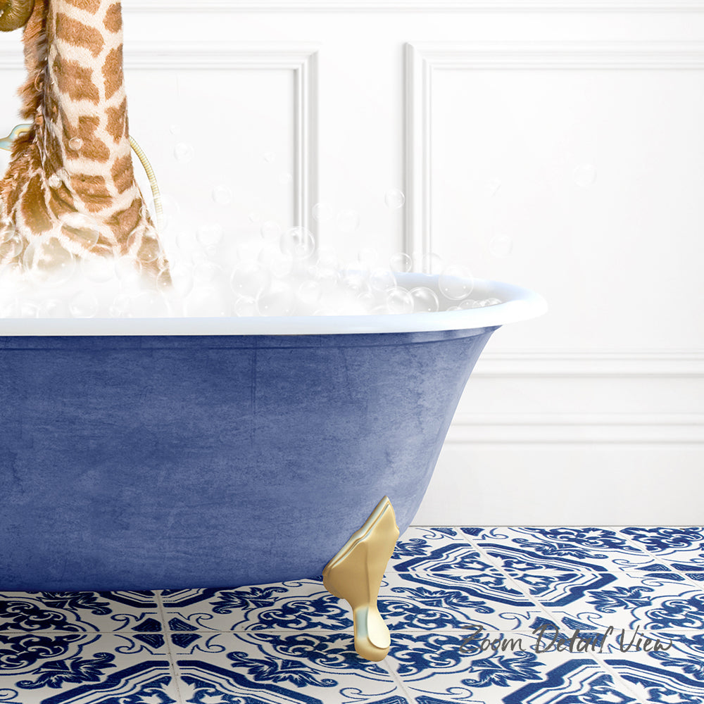 A blue clawfoot bathtub filled with bubbles, with a giraffe's head hanging over the edge, and a patterned tile floor in the background.