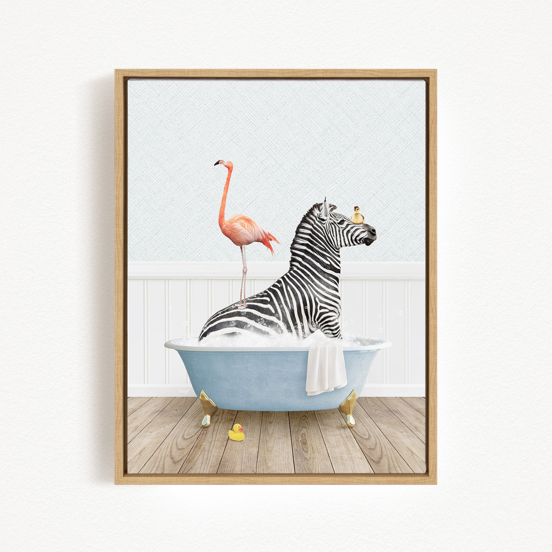 A zebra is sitting in a blue bathtub, surrounded by a pink flamingo and a yellow rubber duck, creating a whimsical and playful scene.