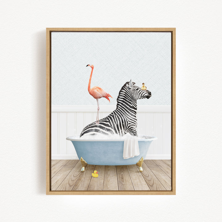 A zebra is sitting in a blue bathtub, surrounded by a pink flamingo and a yellow rubber duck, creating a whimsical and playful scene.