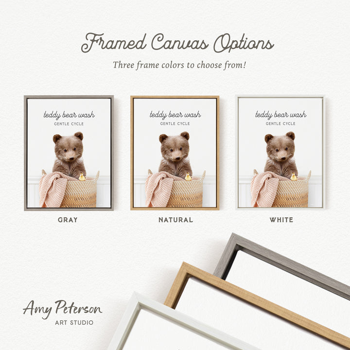 The image is a framed canvas option featuring three different colored frames with a teddy bear in each frame. The text above the image reads " Framed Canvas Options" and below the image, it says "Three frame colors to choose from!". The text at the bottom of the image says " Amy Peterson ART STUDIO".