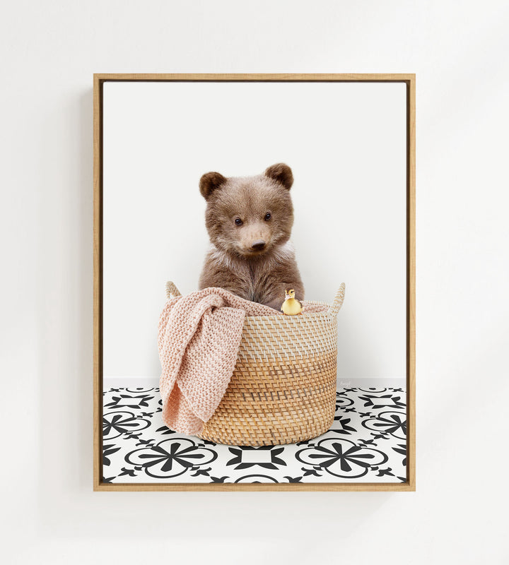 Bear Cub in Laundry Basket - Stencil Tile Floor