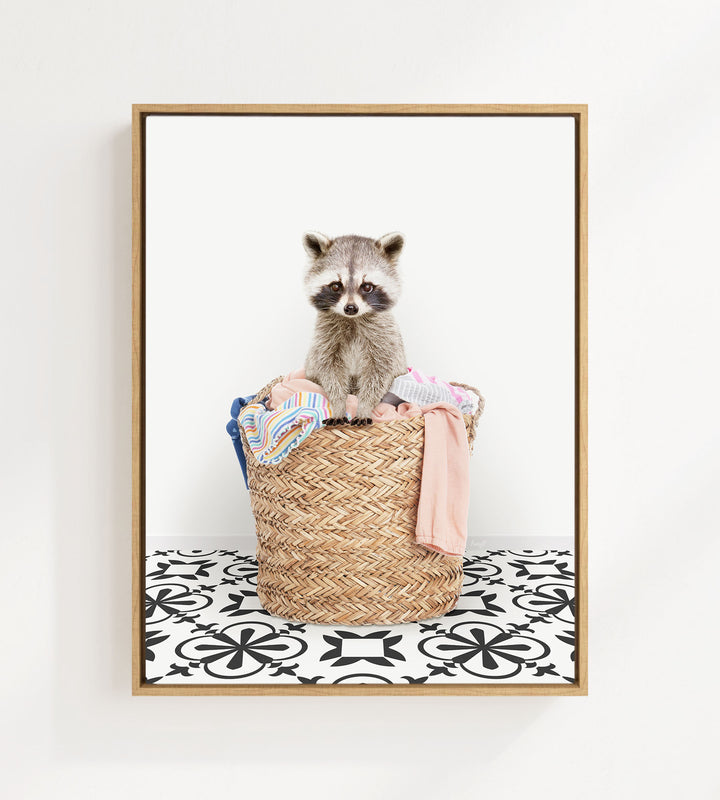 Raccoon in Laundry Basket - Stencil Tile Floor