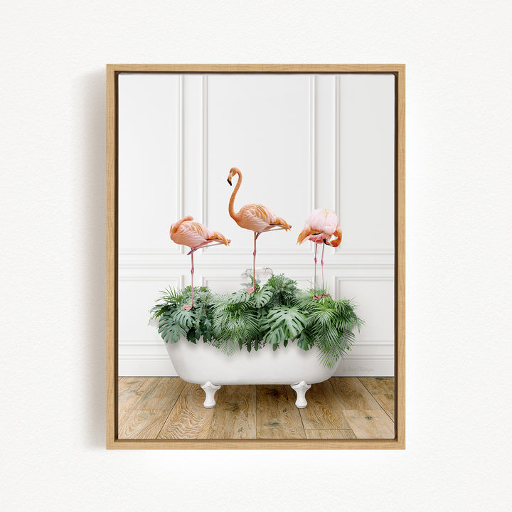 Three Flamingos in Traditional Panel Bath Style