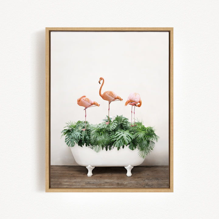 Three Flamingos with Tropical Leaves in Rustic Bath