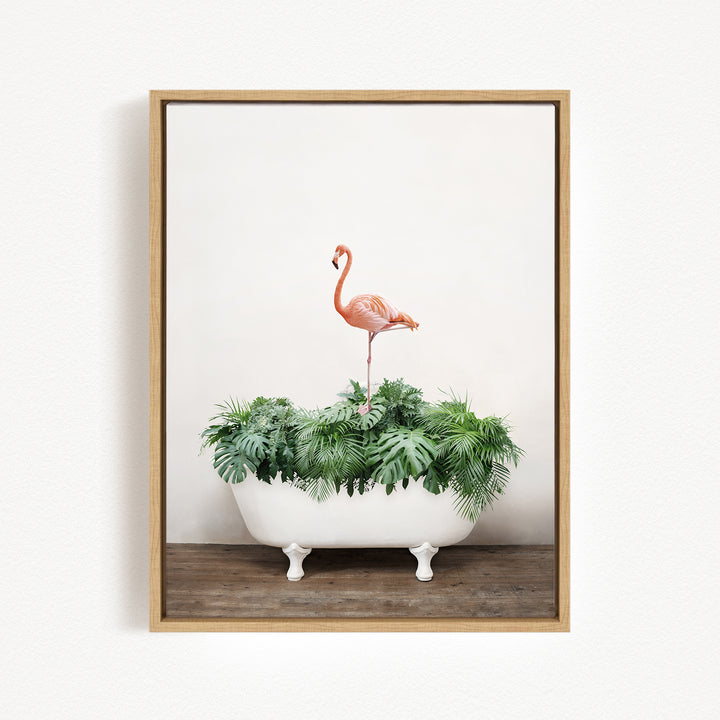 Flamingo on Tropical Leaves in Rustic Bath