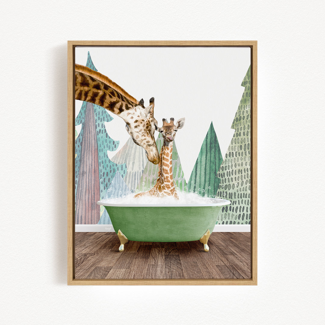 A mother giraffe and her baby giraffe are enjoying a relaxing bath in a green tub, surrounded by a forest-themed backdrop.
