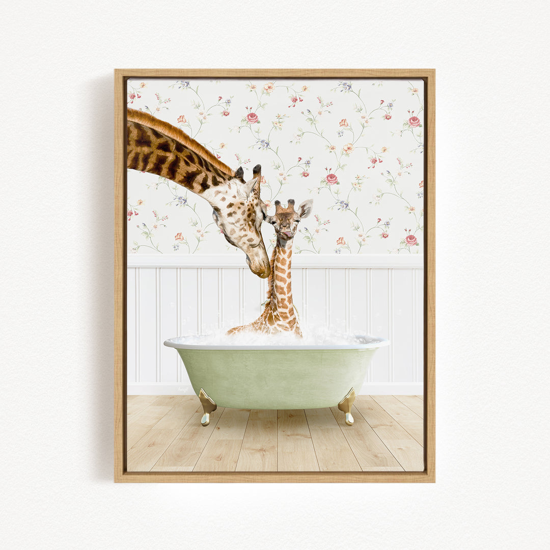 A mother giraffe and her baby giraffe are enjoying a relaxing bath in a green bathtub, surrounded by a floral wallpaper.