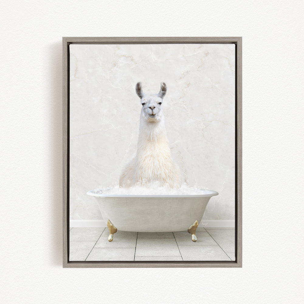 A white llama sitting in a white bathtub filled with bubbles, creating a whimsical and playful scene.