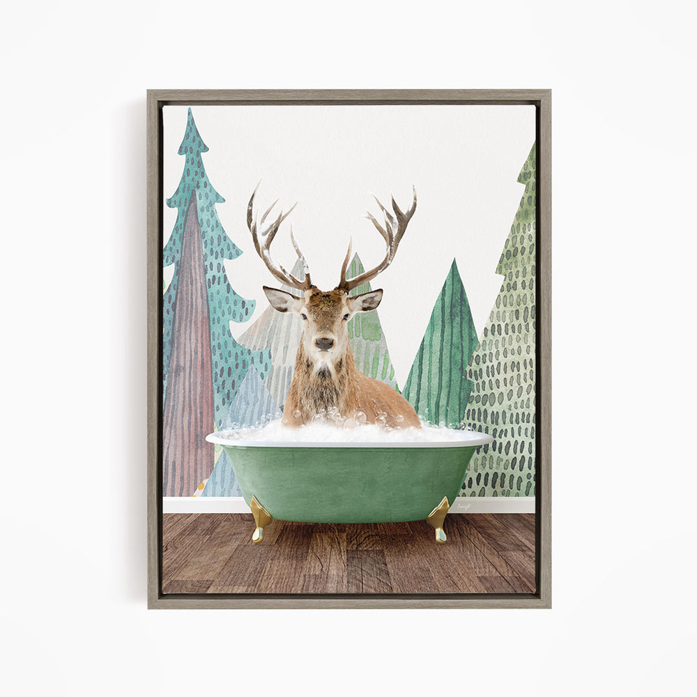 A deer with antlers is sitting in a green bathtub, surrounded by a forest scene with trees and a snowy landscape.