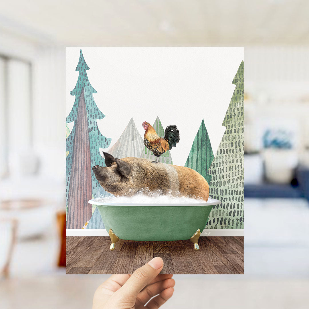 A hand holds up a collage of two images: a pig sitting in a green bathtub, and a rooster perched on top of the pig.