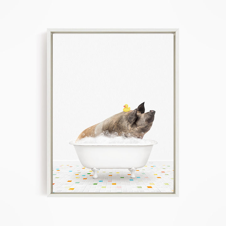 A pig sitting in a white bathtub filled with bubbles, with a rubber duck floating on the water.