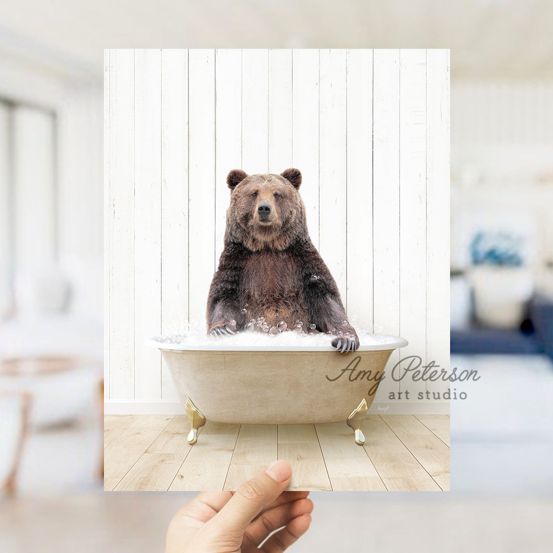 a bear sitting in a bathtub in a room