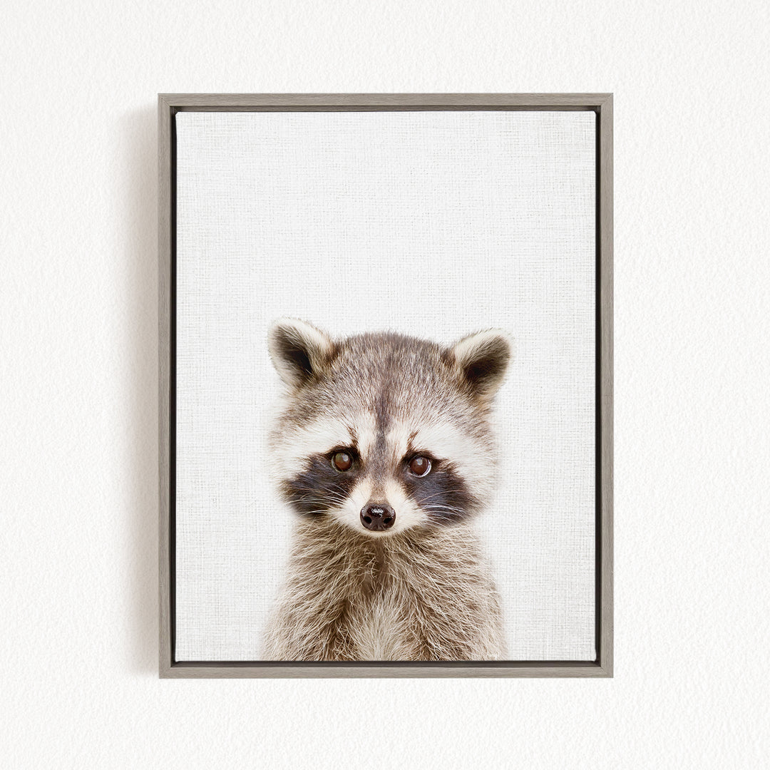 A raccoon with large eyes and a curious expression is the focus of the framed artwork displayed on the wall.