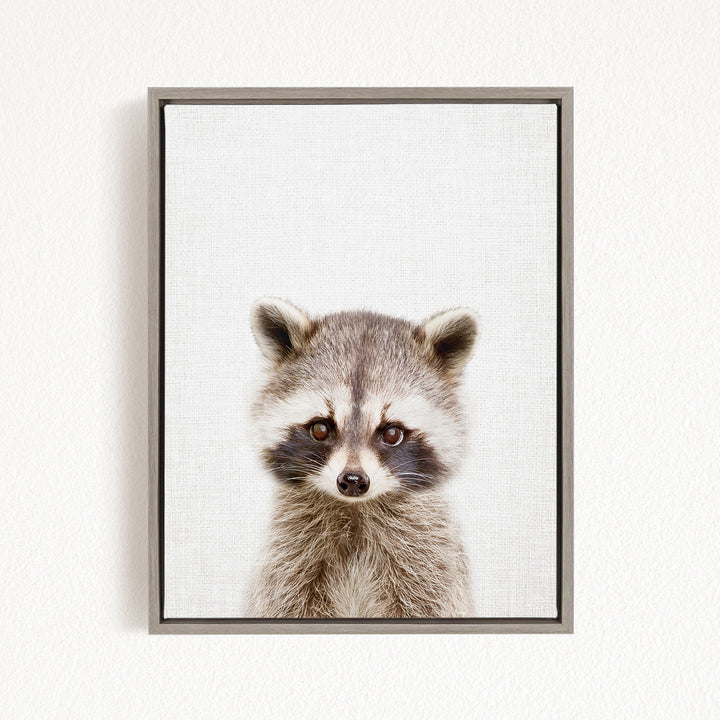 A raccoon with large eyes and a curious expression is the focus of the framed artwork displayed on the wall.