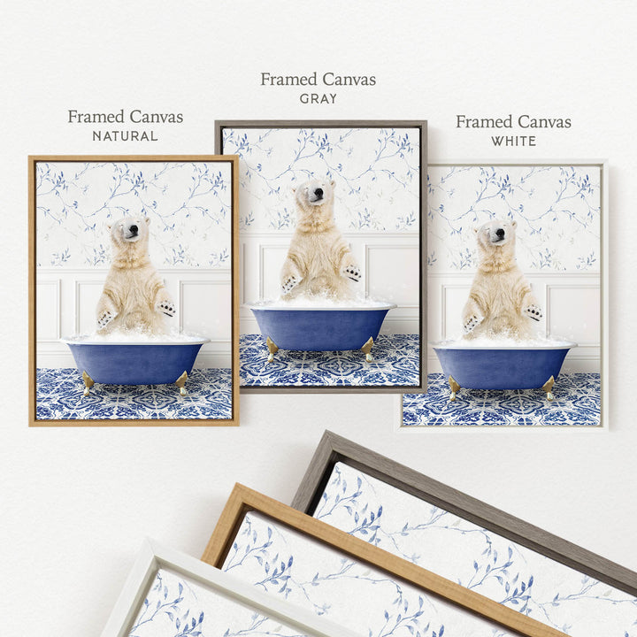a polar bear sitting in a blue bathtub, surrounded by framed pictures of the same scene.
