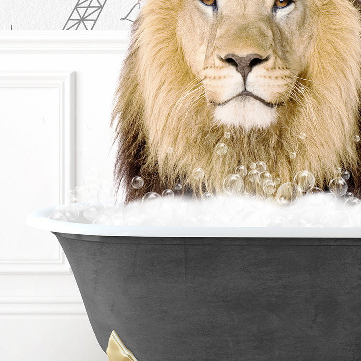 a lion sitting in a bathtub with bubbles