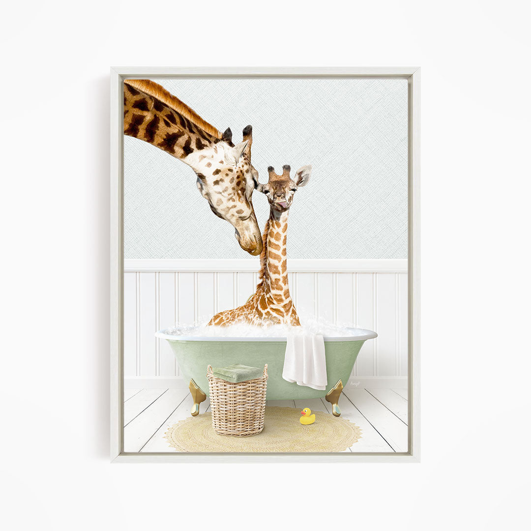 A mother giraffe and her baby giraffe enjoying a relaxing bath together in a green bathtub, surrounded by a basket of toys and a yellow rubber duck.