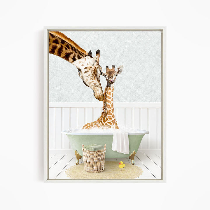 A mother giraffe and her baby giraffe enjoying a relaxing bath together in a green bathtub, surrounded by a basket of toys and a yellow rubber duck.