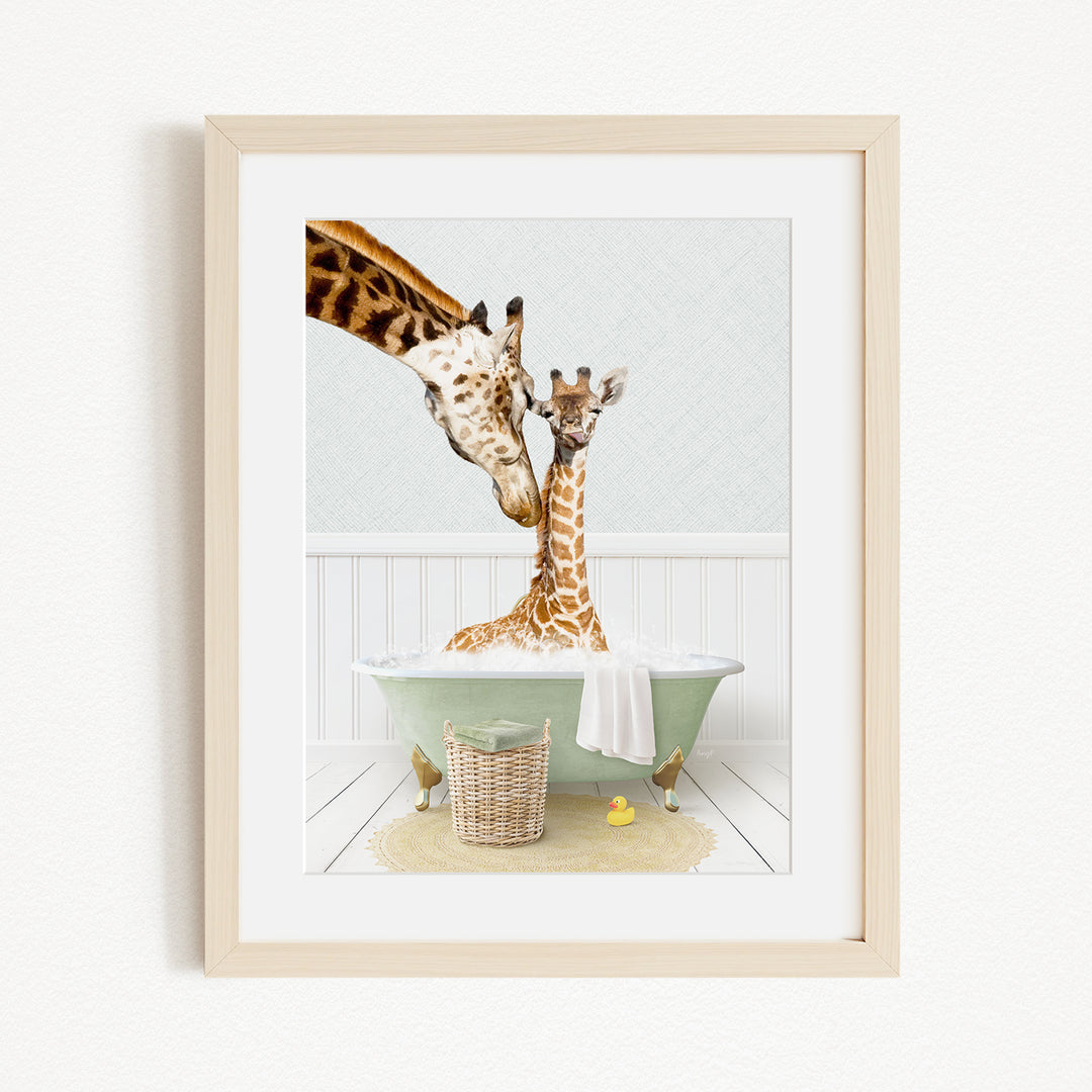 A mother giraffe and her baby giraffe are enjoying a relaxing bath in a green bathtub, surrounded by a basket of toys and a yellow rubber ducky.