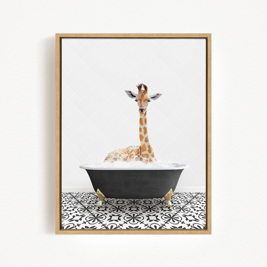 A giraffe sitting in a bathtub filled with water, surrounded by a black and white patterned floor.
