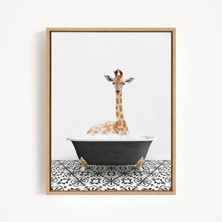 A giraffe sitting in a bathtub filled with water, surrounded by a black and white patterned floor.
