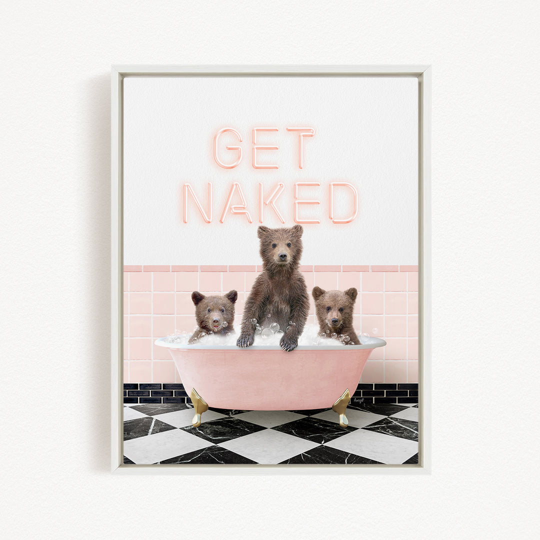 A framed image depicting three bears sitting in a pink bathtub, with the text "GET NAKED" displayed above them.
