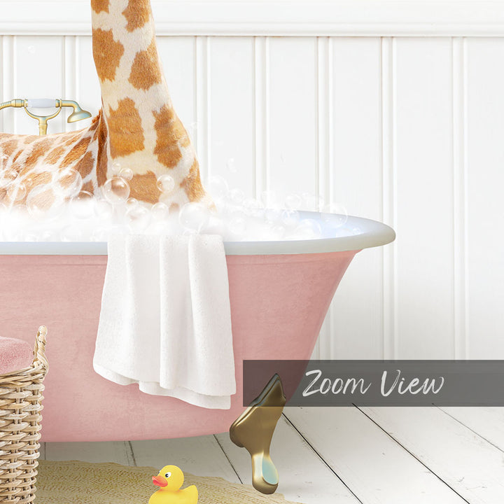 A pink bathtub filled with bubbles, with a giraffe's head and a rubber duck nearby.