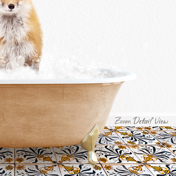 A fox standing in a bathtub filled with bubbles, with a patterned tile floor visible below.