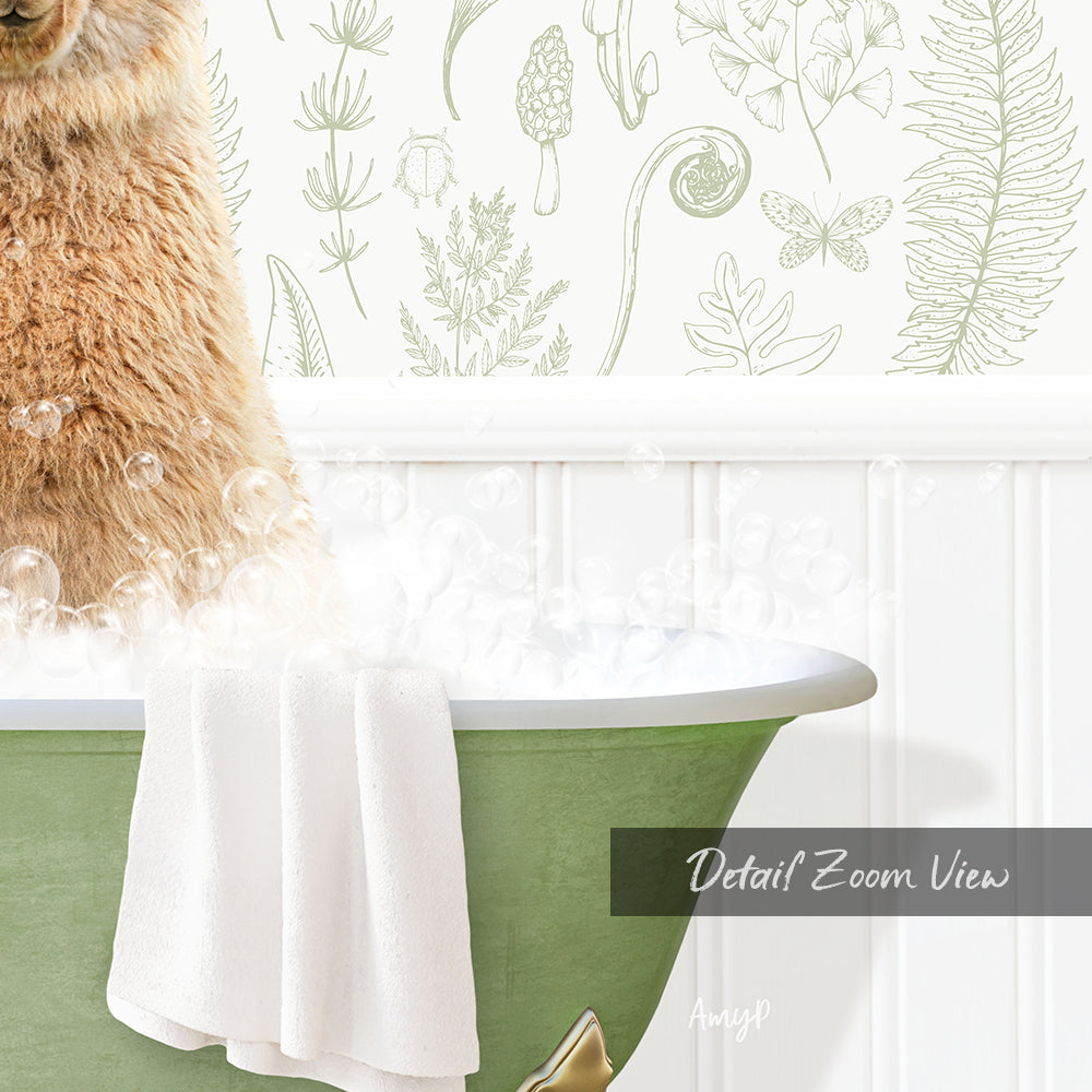 A close-up of a cat sitting in a bathtub filled with bubbles, with a towel draped over the side and a wall with a floral pattern in the background.