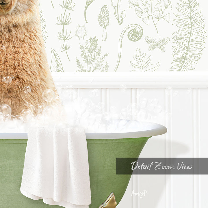 A close-up of a cat sitting in a bathtub filled with bubbles, with a towel draped over the side and a wall with a floral pattern in the background.