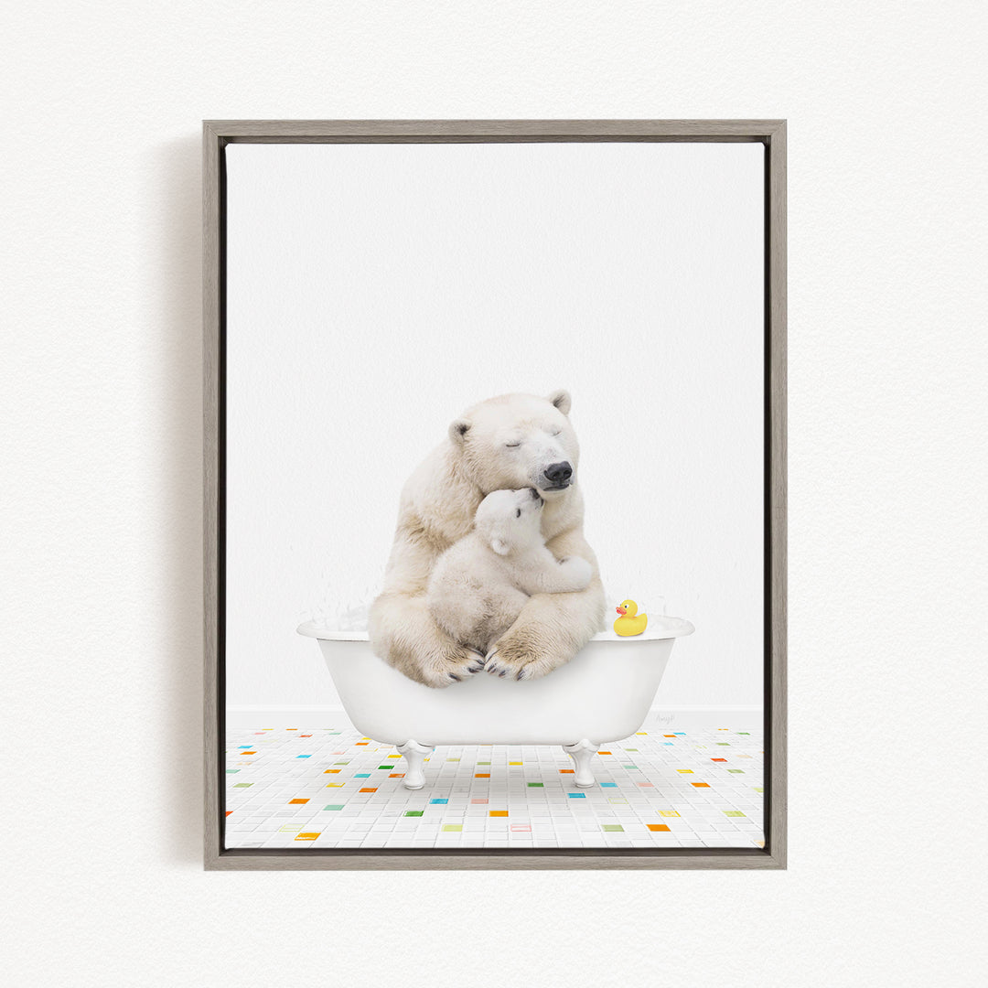 A polar bear and its cub are sitting in a bathtub, with a rubber duck floating on the water.