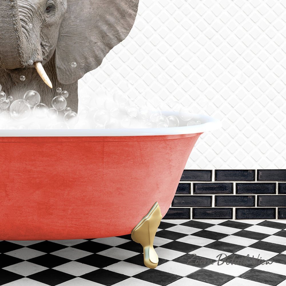 A large elephant is taking a bath in a red bathtub, surrounded by bubbles, with a black and white checkered floor and a brick wall in the background.