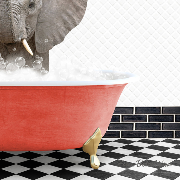 A large elephant is taking a bath in a red bathtub, surrounded by bubbles, with a black and white checkered floor and a brick wall in the background.