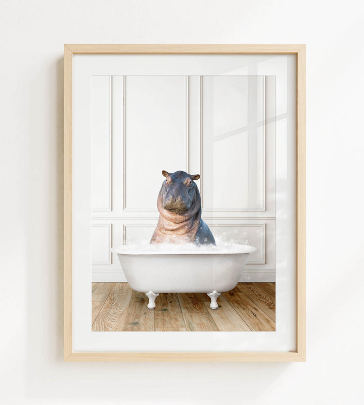 A hippopotamus sitting in a white bathtub filled with water, creating a playful and whimsical scene.