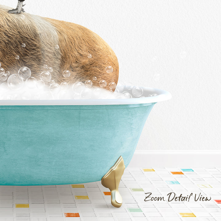 A dog is sitting in a blue bathtub filled with bubbles, enjoying a relaxing bath.