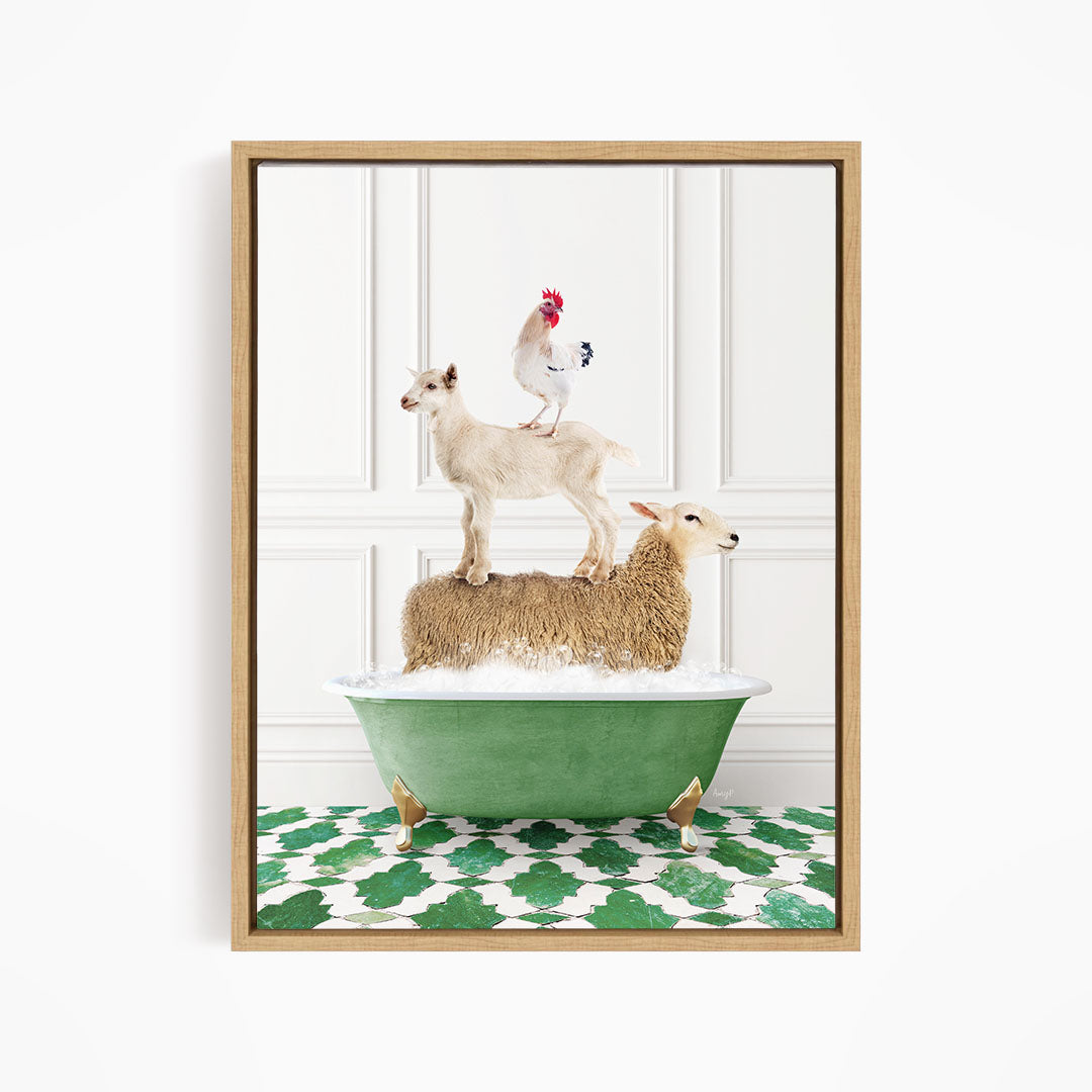A framed image depicting a sheep standing on a goat's back while a chicken stands on top of a sheep in a green bathtub.