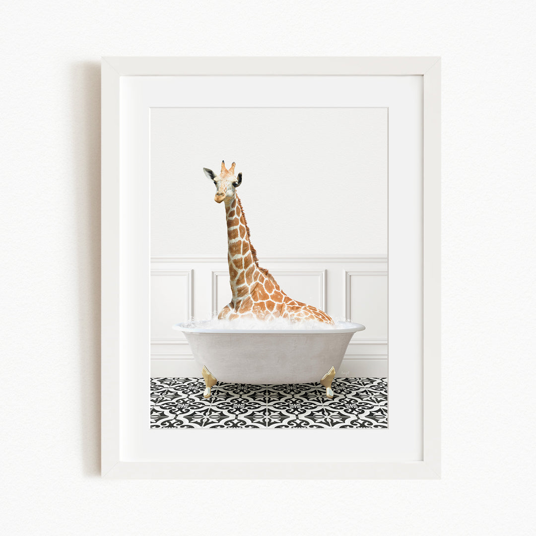 A giraffe sitting in a white bathtub filled with bubbles, creating a whimsical and playful scene.