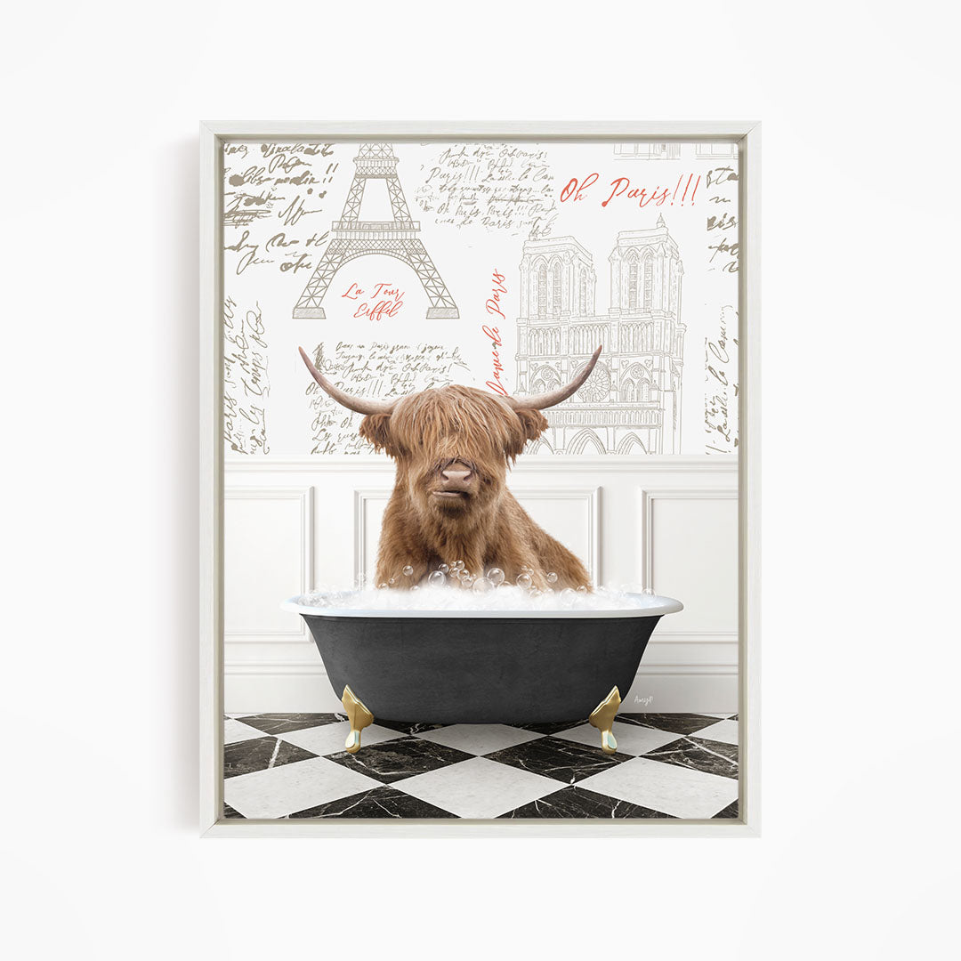 A brown cow with horns is sitting in a bathtub filled with water, surrounded by a wall with various inscriptions and illustrations, including the Eiffel Tower.