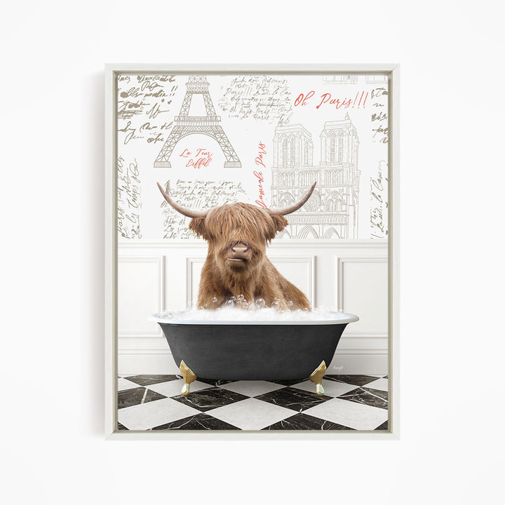 A brown cow with horns is sitting in a bathtub filled with water, surrounded by a wall with various inscriptions and illustrations, including the Eiffel Tower.