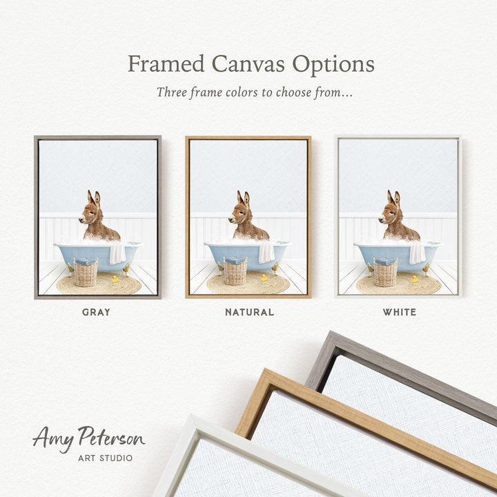 three framed canvas options, each featuring a donkey in a bathtub, with different frame colors to choose from.